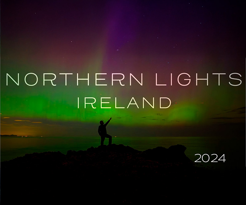 Time-lapse of the Northern Lights (Aurora Borealis) over Ireland in 2024, showing green and purple hues.